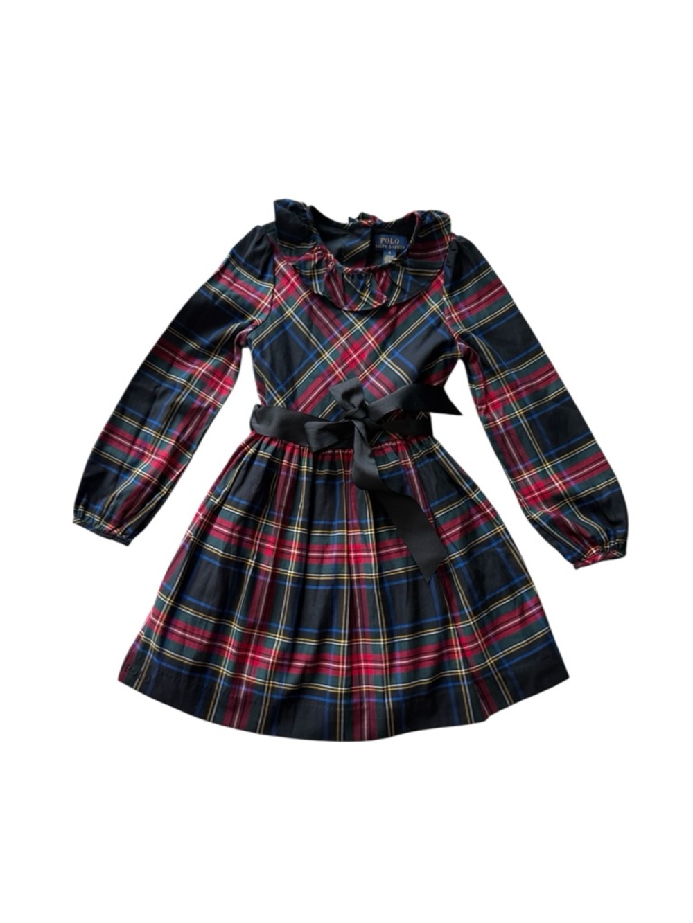 Polo by Ralph Lauren Navy, Red & Yellow Plaid Long-Sleeve Dress with Black Bow